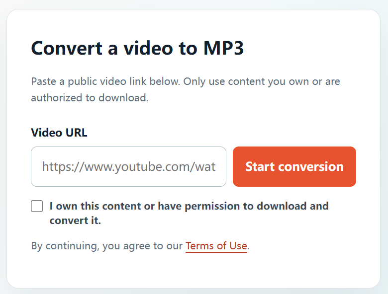 YTBMP3.NET interface for converting authorized YouTube videos to MP3